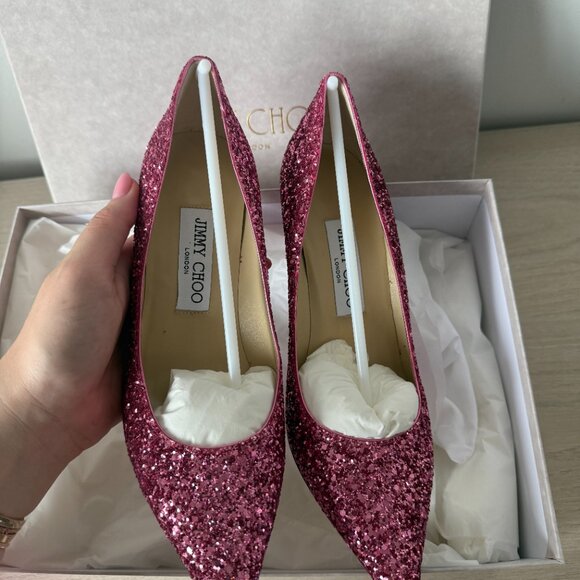 NWT Jimmy Choo Agnes Pumps Dragon Fruit Coarse Glitter Pointed Toe High Stiletto - Picture 9 of 13